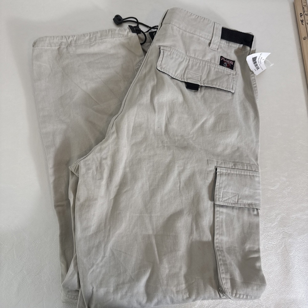 Plugg Cargo Pants Mens Medium Beige Convertible Zip Off Belted Pockets Workwear